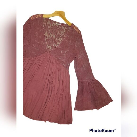 Free People With Love From India Lace Mini Boho Bell Sleeve Dress M Dusty Rose - Picture 6 of 11